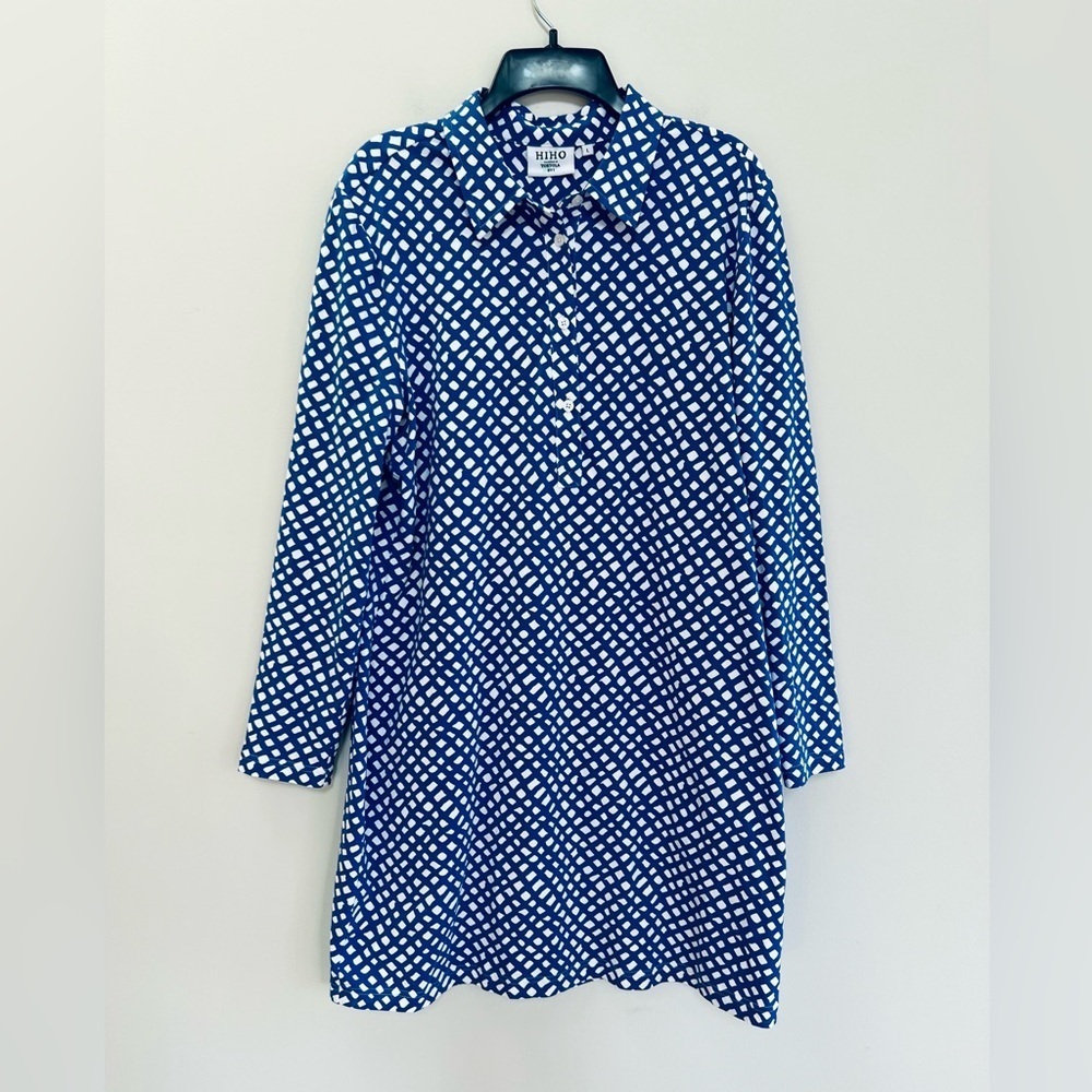 HIHO Born in Tortola BVI 3/4 Sleeve Button Front Shirt Mini Dress, Blue/White, L